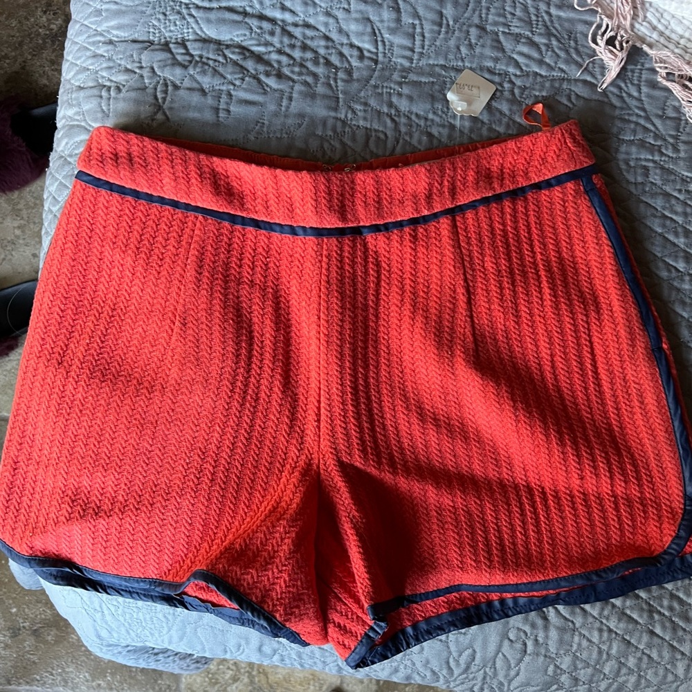 NWT Karlie Tweed Like Shorts Orange / Red w/ Blue Trim Tailored High Waisted Fit